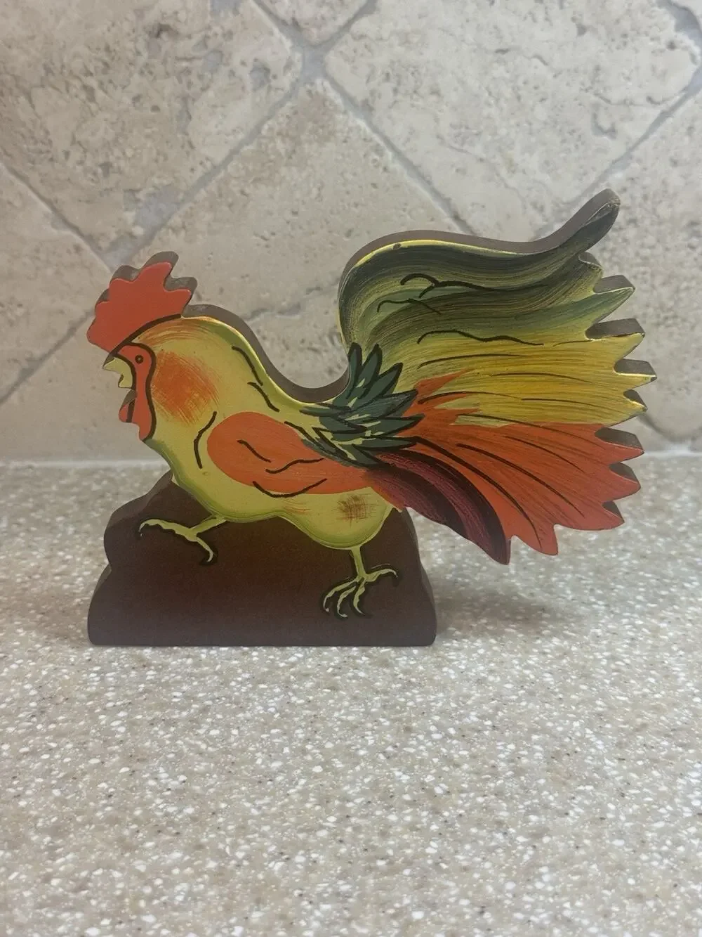 VTG Wooden Rooster Shelf Sitter Folk Art Colorful Hand Painted Farmhouse Country
